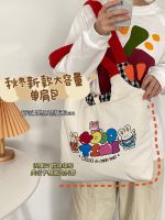 【STOCK】 Retro illustration print double-sided large-capacity shoulder bag versatile student school bag tote bag