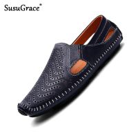 Susugrace summer men leather casual loafers white flats slip-on drive shoes Sandals black soft outdoor Moccasins Plus size 38-47