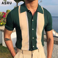 ASRV ใหม่เสื้อยืดแขนสั้นผู้ชายเสื้อโปโลปกสีตัดกันลายแนวตั้งบางคาร์ดิแกนกระดุมแถวเดียว Icy ผ้าไหมถัก