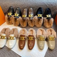 Fur Slides Muller Shoes 2023 New Women’s Fluffy Loafers Outerwear Rabbit Fur Toe Cap Mocasines Cowhide Lazy Flats Furry Slides