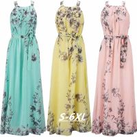 High Quality 2023 Summer Women Long Dresses Beach Floral Print Soft Chiffon Boho Maxi Dress With Sashes Sling Sleeveless Female