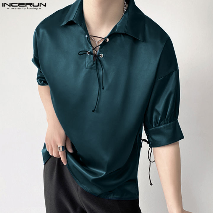 incerun-เสื้อลูกไม้แขนสั้นวินเทจสำหรับผู้ชายเสื้อเบลาส์ปาร์ตี้ทางการลำลองสไตล์วินเทจ-สไตล์เกาหลี