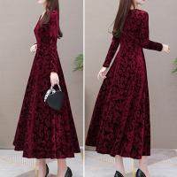 【YF】 Dressing Up Breathable Pleated Swing Large Hem Pure Color Velvet Dress for Party