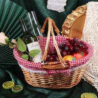 Picnic Basket, Natural Wicker Basket with Double Handles and Cloth Lining for Food Sundry Container Fruit Storage Promotio