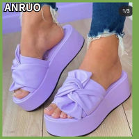 Anruo โบว์รองเท้าแตะไม่หุ้มส้นหญิงยุโรปและสหรัฐอเมริกา2023ใหม่ความสูงลาดด้านล่างหนากันลื่นของผู้หญิงรองเท้าแตะลำลองเกาหลี