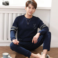 Mens Pajamas Set Autumn Winter Leisure Elastic Waist Men Sleepwear Set Cotton Mens Long Sleeve Nightwear Loose Homewear Cloth