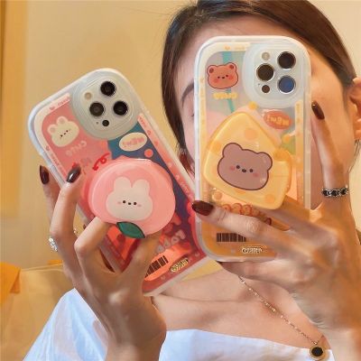 「16- digits」เคสโทรศัพท์ไล่โทนสีเลเซอร์น่ารักพร้อมที่วางหมีพีชสำหรับ iPhone 11 12 Pro Max 7 8 Plus X XR XS Max ซิลิโคนฝาครอบป้องกัน