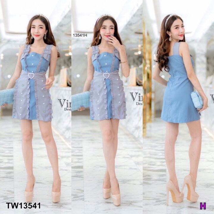 dress-เดรสแขนกุด-สายแต่งเข็มขัดปั๊ม-งานแต่งผ้าสลับสี-เทาฟ้า-เนื้อผ้าซาร่า-เอวแต่งหัวใจเพชร