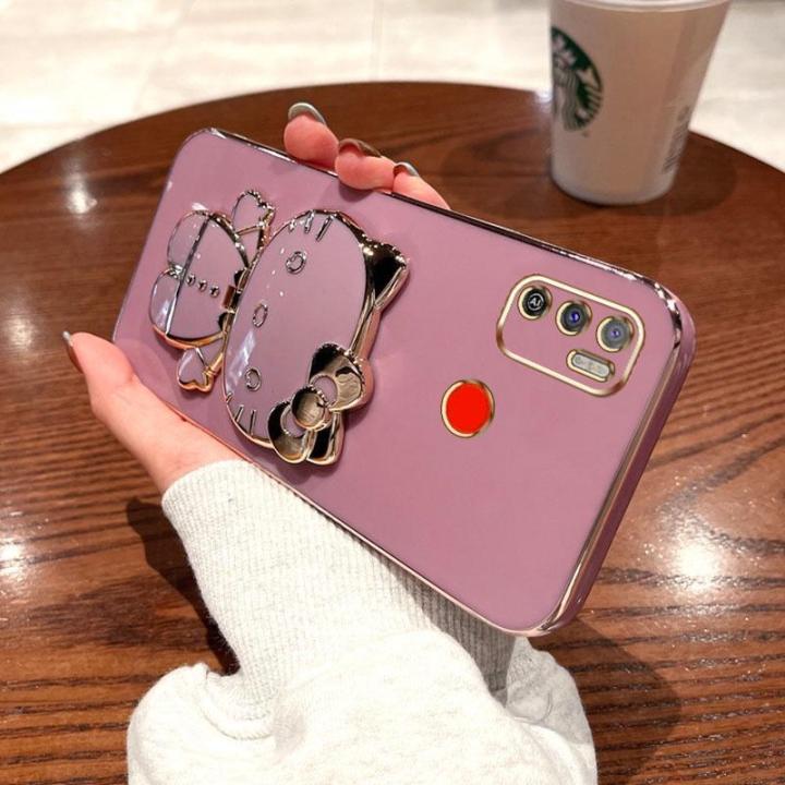 folding-makeup-mirror-phone-case-for-infinix-tecno-spark-6-air-tecno-spark-5-air-ke6-ke6j-kf6-kd6a-case-fashion-cartoon-cute-cat-multifunctional-bracket-plating-tpu-soft-cover-casing