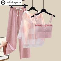 Plaid Patchwork Chiffon Shirt Pink Suspender Wide Leg Pants Three-piece Elegant Womens Pants Set Summer Sportswear Outfits