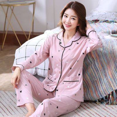 MUJI High quality 100  cotton pajamas womens spring and autumn long-sleeved lapel pajamas set autumn and winter thin womens loose home clothes