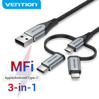 Vention สาย USB USB 2.0 A ถึง Micro B Type C สายฟ้าผ่าชายกับชาย3 In 1อลูมิเนียม4.4A อย่างรวดเร็วชาร์จสายลวด0.5เมตร1เมตร1.5เมตรสำหรับโทรศัพท์ Android Iphone iPad Xiaomi 10Pro ซัมซุงโน้ตบุ๊ค S10 Huawei Mate30 Nova7แท็บเล็ตสาย USB