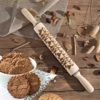 Christmas Rolling Pin With Reindeer Carved Pattern Embossed Rolling Pin Wood Cookies Dough Roller Kitchen Cake Decorating Tools