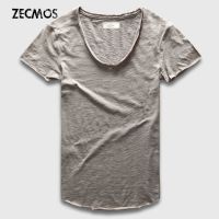 【Hot Sale】embellishembellish Zecmos แฟชั่นผู้ชายเสื้อยืดคอ V เสื้อยืดสำหรับผู้ชาย MaleCottonSolid โค้งเหมยอดประเดิมแขนสั้น