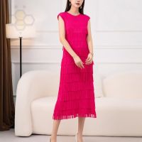 ﺴ Aiden001 Average Size Pleated Dress Tassel Stitching Sleeveless Round Neck Slimming Dress 8022