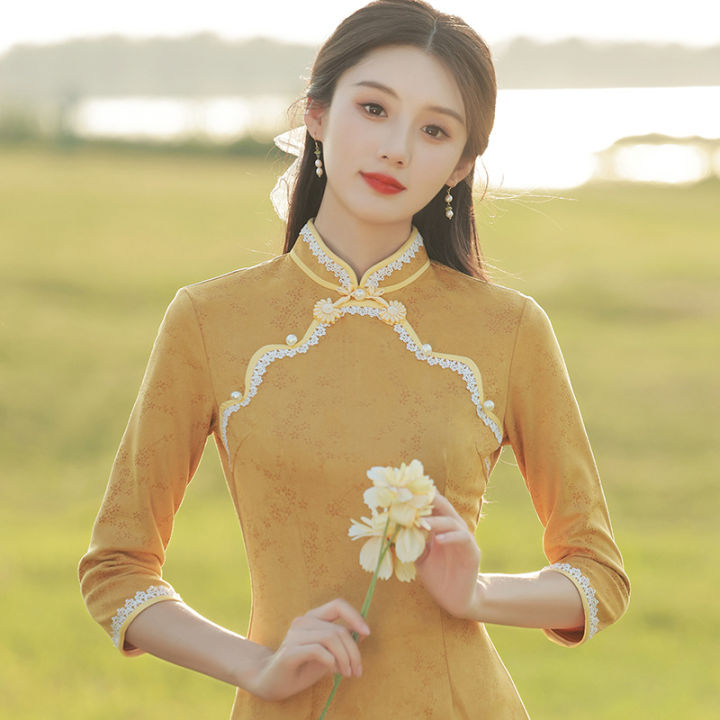 cheongsam-สีเหลือง2022แขนยาวอารมณ์อ่อนเยาว์ระดับไฮเอนด์หนังนิ่ม-ladylike-สไตล์ยาว