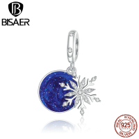 BISAER Brand Snowflake Beads 925 Sterling Silver Snowy Blue Sky Charms Fit BSR Charms Silver 95 Original Bracelet Jewelry EFC367