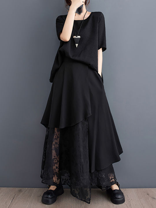 xitao-skirt-black-asymmetrical-gauze-patchwork-skirt