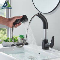 Rozin ก๊อกน้ำอ่างล้างหน้าแบบขยายได้พร้อมตัวดึงที่ยืดหยุ่นได้ Sprayer Deck Mounted Black Bathroom Sink Mixer Taps Dual Modes Nozzle