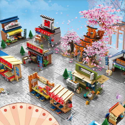 บล็อกใหม่ญี่ปุ่น Mini Moc Creative Retail Street Store Shop House Tree Model Building Architect Sakura Inari Shrine City Miniature