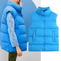 Womens Winter High Collar Warm Vest Coat Woman Sleeveless Button Up Blue Waistcoat Chic Female Loose Jackets Oversized Vests