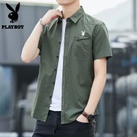 Playboy เสื้อเชิ้ตแขนยาวของผู้ชาย,เสื้อโค้ทแฟชั่นแขนสั้นแนวเกาหลีผ้าคอตตอนใส่ทำงานสำหรับฤดูใบไม้ผลิและฤดูใบไม้ร่วงปี XAF899