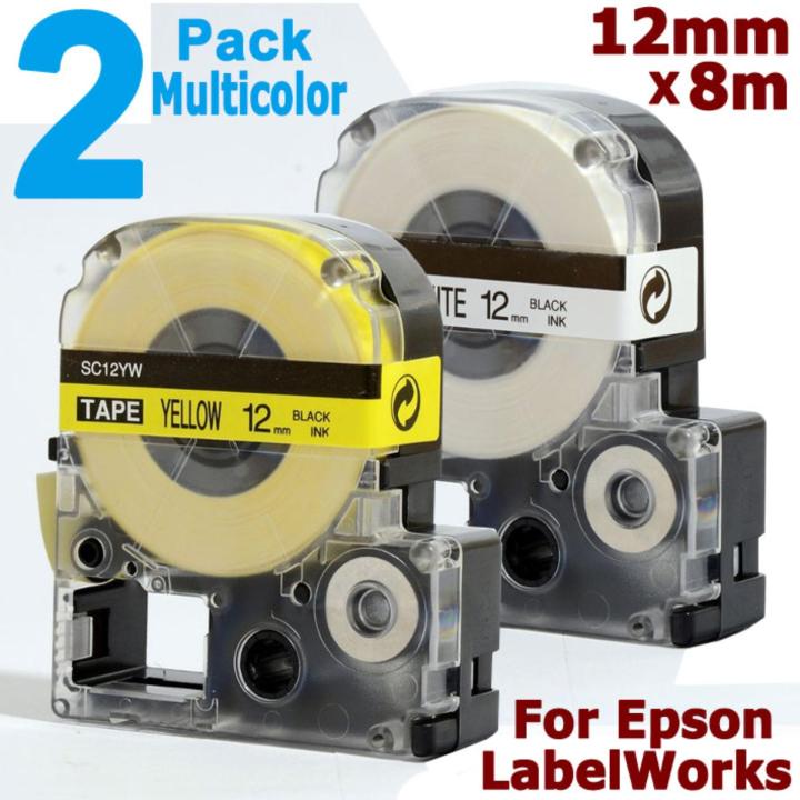 2 Pack 12mm Black on White + Black on Yellow for Epson LC-4WBN LC-4YBP for KingJim SS12KW SC12YW Print Tape Cartridge for Portable Label Printer LabelWorks LW-300 LW300 LW-400 LW400 LW-600P LW600P LW-700 LW700 LW-900P LW-1000P LW-K200 LW-K400