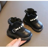 11.5-15.5cm Velvet Winter Baby Girl Shoe,Solid Knitting Sock Boots For Girls,Warm Childrens Winter Boots With Pearls For Kids