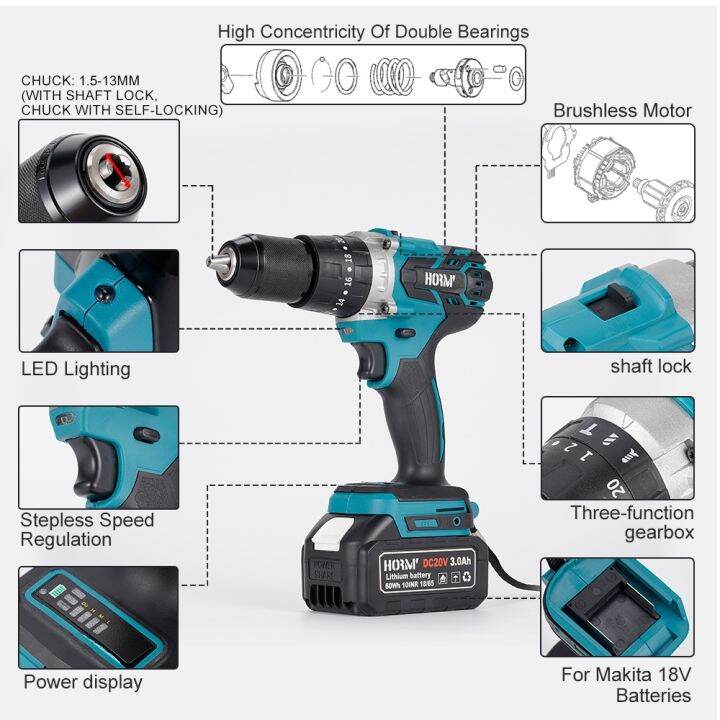 18v-brushless-cordless-electric-hammer-drill-3-in-1-electric-screwdriver-13mm-20-3-torque-impact-drill-tool-for-makita-battery