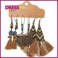 PETI DRESS 3 Sets สไตล์โบฮีเมียน ต่างหูพู่ห้อย เป็นรูกลวง เรโทร แหวนหูชาติพันธุ์ ของใหม่ จี้ห้อยคอ ต่างหูอัลลอยโบราณ สำหรับผู้หญิง