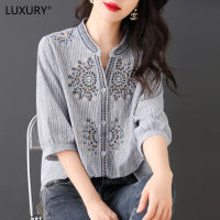 LUXURY Queen New Chinese Standing Neck Embroidered Stripe 3/4 Sleeve Womens Shirt 2023 Summer New Mid Sleeve Shirt