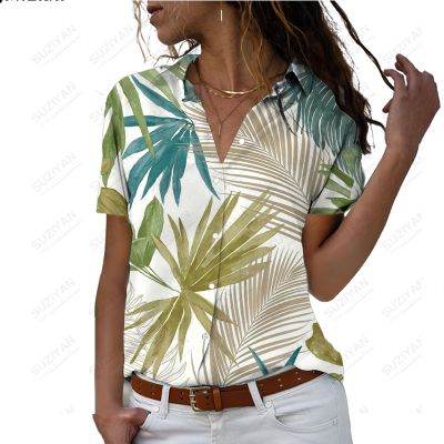 เสื้อโปโลแขนสั้นฮาวายสำหรับผู้หญิง,เสื้อโปโลพิมพ์ลาย3D กระดุมคอเสื้อใบไม้ฤดูใบไม้ผลิและฤดูใบไม้ร่วงใหม่2023