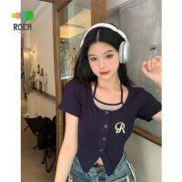 เสื้อคอกลม ปักลายตัวอักษร แต่งลูกไม้ แบบเข้ารูป เหมาะกับฤดูร้อน สองชิ้น V728