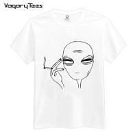 Smoking Alien Funny Print T-Shirt Men Casaul White Alien Cigarette Smoking Print Tee Shirts Casual White Tops Streetwear Hipster