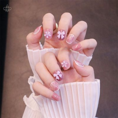 24pcs Kuku Palsu Pendek Warna Pink Aksen Pita Hemat Waktu Untuk Manicure 5211059✴❡☁