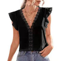 Womens V-neck Lace Decorated T-shirt Casual Slim Shirt Top V-neck Lace Embellished T-shirt Casual Slim Shirt Office Lady Tops