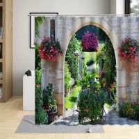 【CW】☑  Garden Shower Curtain Stone Wall Door Street Scenery Curtains Set Polyester