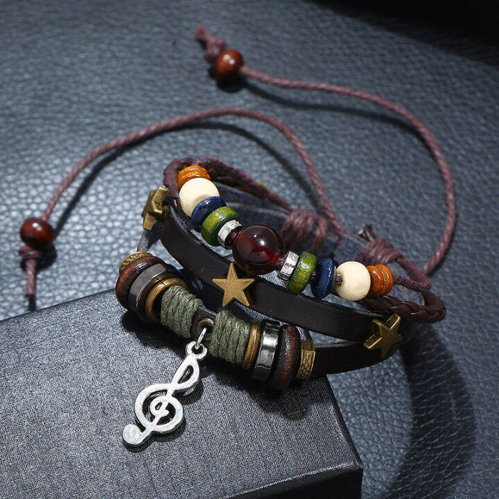 xfashion-สร้อยข้อมือแบบย้อนยุคหนังแท้ลูกปัดอัลลอยด์โน้ตดนตรีสร้อยข้อมือหนังวัว