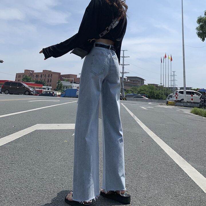 plus-size-women-jeans-korea-loose-high-waist-hole-wide-leg-straight-casual-pants