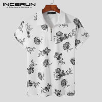 Medussa INCERUN เสื้อซิปที่พิมพ์กุหลาบผู้ชายแขนสั้นลำลองเข้ารูปเนื้อเสื้อสตรีฮาวาย (สไตล์ตะวันตก)