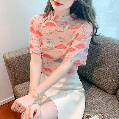Hanfu ผู้หญิง Blouse301T3110แขนลำลองขาสั้นเสื้อยืดผ้าตาข่ายวินเทจชุดจีนหัวเข็มขัดแบบจานลมฤดูร้อนแบบหวาน