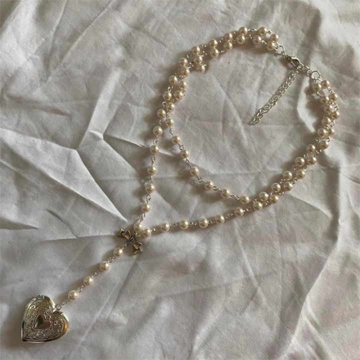 handmade-pearl-heart-shaped-small-box-pendant-beaded-chain-layered-necklace-rosary-necklace