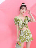 Swimsuit Women Flora Print Front Bow Drawstring V-neck Shirts + Mini Skirts Female 2022 Two-Piece Suits Broken Flowers Korean