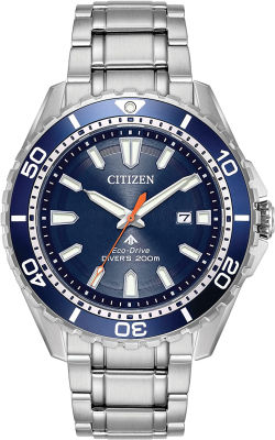 Citizen Eco-Drive Promaster Diver Mens Watch Silver Bracelet, Blue Dial