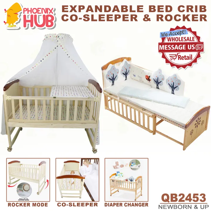【spot goods】 Hub QB2453 3 in 1 MultiFction Wooden Baby Crib Cot