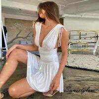 S-G/Women Irregular Tie Up Dress Adults Sexy Sleeveless Solid Color V-neck Ruched One-piece