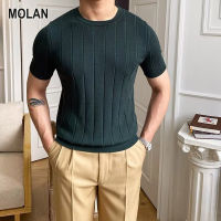 MOLAN แบบบางสีดำคอเต่าครึ่งหนึ่งของผู้ชายแขนสั้นลายเสื้อยืดถักครอปเสื้อยืดคอกลมผู้ใหญ่