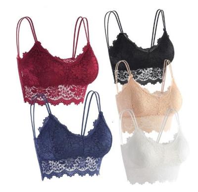 [ใหม่] หญิง Crop Tank Top ผู้หญิง Deep V Lace Bras เย็บปักถักร้อยดอกไม้ Tank Top Bra ห่อหน้าอก Camisole เบาะ Bra Bralette Crop Top