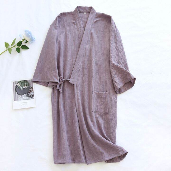 xiaoli-clothing-ญี่ปุ่น-nightdress-solid-nightgown-ผู้หญิง39-ฤดูใบไม้ผลิฤดูใบไม้ร่วงผ้าฝ้าย-crepe-soft-breathable-kimono-บาง-home-robe-เสื้อคลุมอาบน้ำชุดนอน