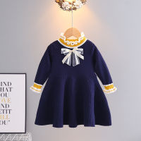 Girls Knitted Dress Autumn Winter Ruffle Collar Dresses with Bow Children Kids Clothing